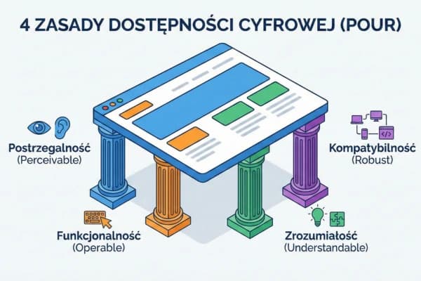 4 filary dostępności cyfrowej (POUR) – Poznaj zasady WCAG: Postrzegalność, Funkcjonalność, Zrozumiałość, Kompatybilność